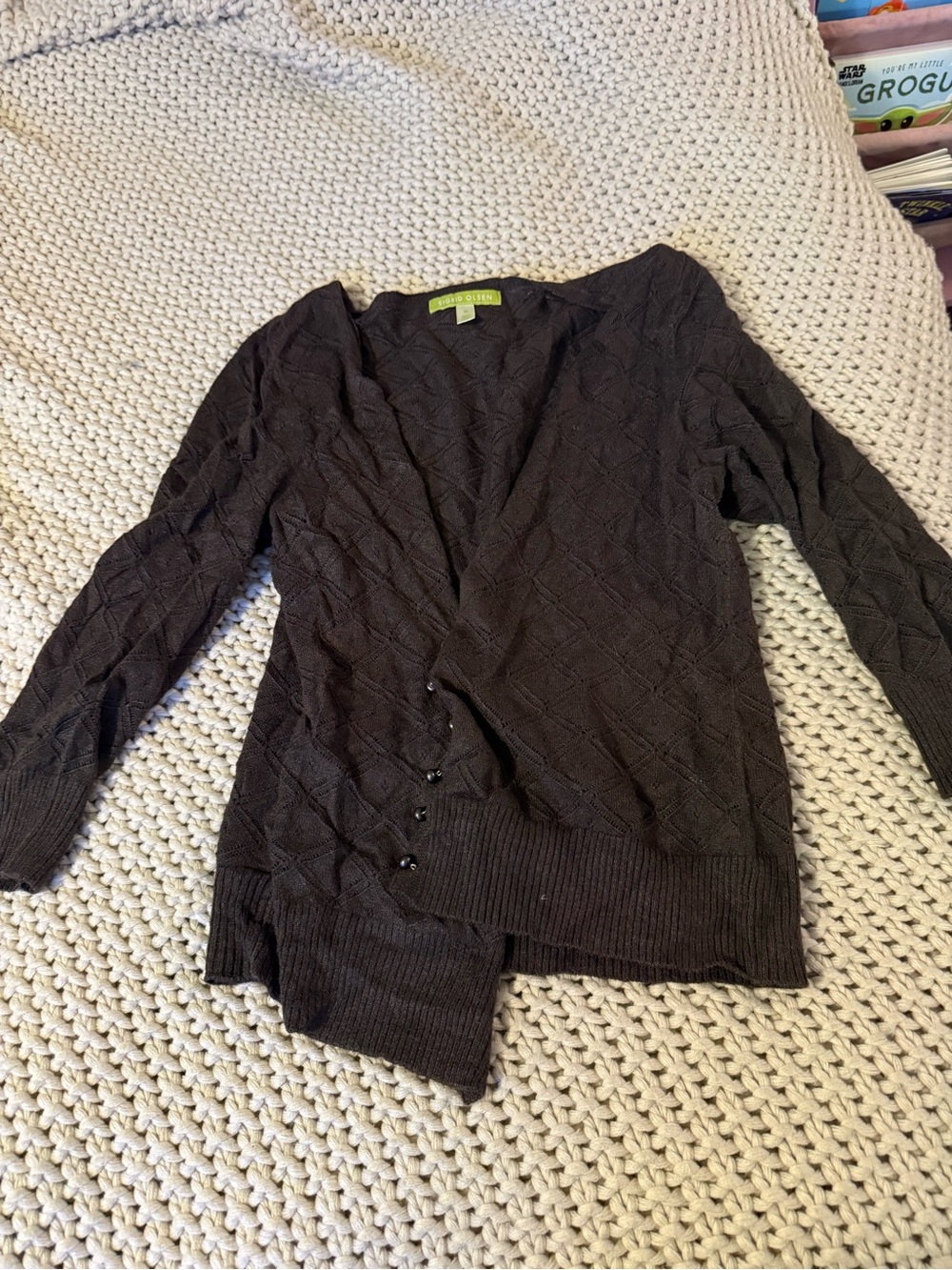 Sigrid Olsen Black Diamond-Knit V-Neck Cardigan